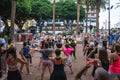 Group Zumba fitness dance class in the public city park Parque Plaza Del Charco