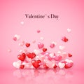 Groupe of glossy red hearts with reflection. Valentines day decoration element. Vector illustration on pink background