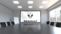 Groupe Renault logo on the screen in a meeting room. Editorial 3D rendering