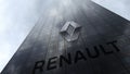 Groupe Renault logo on a skyscraper facade reflecting clouds. Editorial 3D rendering