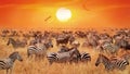 Groupe of wild zebras and antelopes in the African savanna against a beautiful orange sunset. Wild nature of Tanzania