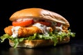 Grouper Sandwich: Fried Fish Filet on Bun with Lettuce, Tomato, and Tartar Sauce Royalty Free Stock Photo