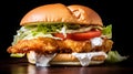 Grouper Sandwich: Fried Fish Filet on Bun with Lettuce, Tomato, and Tartar Sauce Royalty Free Stock Photo