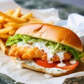 Grouper Sandwich: Fried Fish Filet on Bun with Lettuce, Tomato, and Tartar Sauce Royalty Free Stock Photo