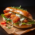 Grouper Sandwich: Fried Fish Filet on Bun with Lettuce, Tomato, and Tartar Sauce Royalty Free Stock Photo