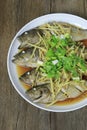 Groupers fish or sea basses Steamed soy sauce of Thai seafoods i