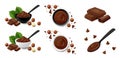 Hazelnut cocoa spread in black or white bowl with chocolate pieces, filbert kernels, leaves, spoon and chips