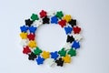 Groups of colorful meeples of two teams. Colors of ukrainian flag - blue and yellow. Small figures of man