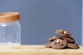 Groups of Delicious Chocolate Chip Cookies in wooden tray, Tasty Homemade cookies