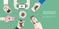 Groups of hands holding smart phone take photo of coffee cup in aerial view