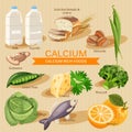 Groups of healthy fruit, vegetables, meat, fish and dairy products containing specific vitamins. Calcium.Groups of healthy fruit, Royalty Free Stock Photo
