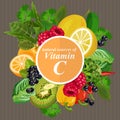 Groups of healthy fruit, vegetables, meat, fish and dairy products containing specific vitamins. Vitamin C. Royalty Free Stock Photo