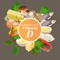 Groups of healthy fruit, vegetables, meat, fish and dairy products containing specific vitamins. Vitamin D. Royalty Free Stock Photo