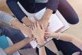 Groups of putting hands together, Teamwork togetherness collaboration, Teamwork concept. Top view. Royalty Free Stock Photo