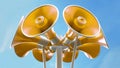 Groups of yellow megaphones on blue sky background. 3D illustration. 3D illustration Royalty Free Stock Photo