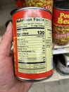 Retail grocery store Showboat pork and beans nutritional label