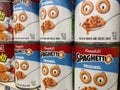 Retail store canned spaghettios side view