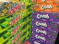 Retail store MTN Dew 12 pack sodas and Crush flavored drinks