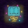 Grow, book neon icon. Education neon icon on dark brick wall background