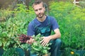 Grow it local. Farmer holding fresh harvested beetroots in vegetable garden. Bio organic farming gardening. Homegrown sustainable