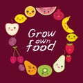 Grow own food. Card banner template, round frame Kawaii strawberry, orange, banana cherry lime lemon, kiwi plums apples,