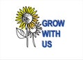 Grow with us. Recruitment, teambuilding and personal development concept. Hand drawn sunflowers and lettering