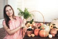 Grower rich harvest of vegetables, Nice girl gardener huge harvest for Thanksgiving