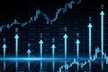 Growing blue vertical arrows and candlestick forex chart on dark index grid background. Economic growth and increase concept. 3D