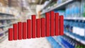 Growing business red graph chart 3d illustration on blurred aisle supermarket background. Price grocery rises. Inflation and