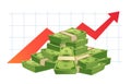Growing cash graph. Pile of cash, money value red rising graph arrow and financial growth diagram vector illustration