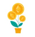 Growing Ethereum, growth concept. Blockchain technologies, digital money market, cryptocurrency. Flat vector on white