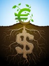 Growing euro sign like plant with leaves and dollar like roots Royalty Free Stock Photo