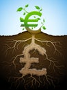 Growing euro sign like plant with leaves and pound like root Royalty Free Stock Photo