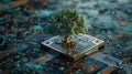 The growing green tree on the cpu on the land of mainboard and circuits. AIGX03. Royalty Free Stock Photo