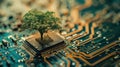 The growing green tree on the cpu on the land of mainboard and circuits. AIGX03. Royalty Free Stock Photo