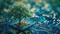 The growing green tree on the cpu on the land of mainboard and circuits. AIGX03. Royalty Free Stock Photo