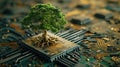 The growing green tree on the cpu on the land of mainboard and circuits. AIGX03. Royalty Free Stock Photo