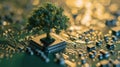 The growing green tree on the cpu on the land of mainboard and circuits. AIGX03. Royalty Free Stock Photo