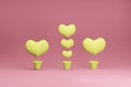 Yelow growing hearts and pots purple measurement and analysis. Valentine`s day Family. 3D Rendering.