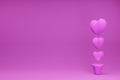 Pink growing hearts and pots purple measurement and analysis. Valentine`s day Family. 3D Rendering.