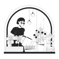 Growing indoor veggies windowsill black and white cartoon flat illustration Royalty Free Stock Photo