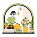 Growing indoor veggies windowsill line cartoon flat illustration Royalty Free Stock Photo