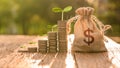 Growing Money, business finance and saving money investment , Money coin stack growing graph, plant growing up on coins. Balance s Royalty Free Stock Photo