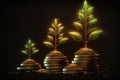 Growing Money Plant On Energy saving light bulb and tree growing on stacks of coins on Bokeh background, Coins business Finance Royalty Free Stock Photo