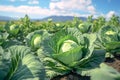 Growing organic vegetables and eco-friendly products. Rows of cabbage plantation in field under the sun rays. Generative AI Royalty Free Stock Photo