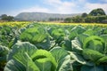 Growing organic vegetables and eco-friendly products. Rows of cabbage plantation in field under the sun rays. Generative AI Royalty Free Stock Photo