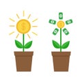 Growing paper money tree shining coin with dollar sign set. Plant in the pot. Financial growth concept. Successful business icon.