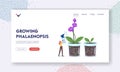 Growing Phalaenopsis Landing Page Template. Tiny Woman Spraying Huge Orchid Home Plant in Flowerpot, Gardening Hobby