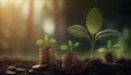 Growing plants on coins stacked on green blurred backgrounds and natural light with financial ideas. Generative ai