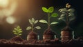 Growing plants on coins stacked on green blurred backgrounds and natural light with financial ideas. Generative ai